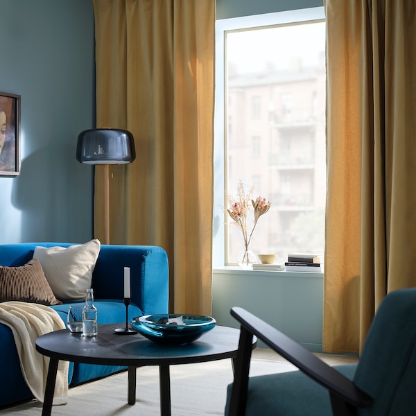 SANELA curtains, 1 pair, beige-yellow/with heading tape, 140x300 cm