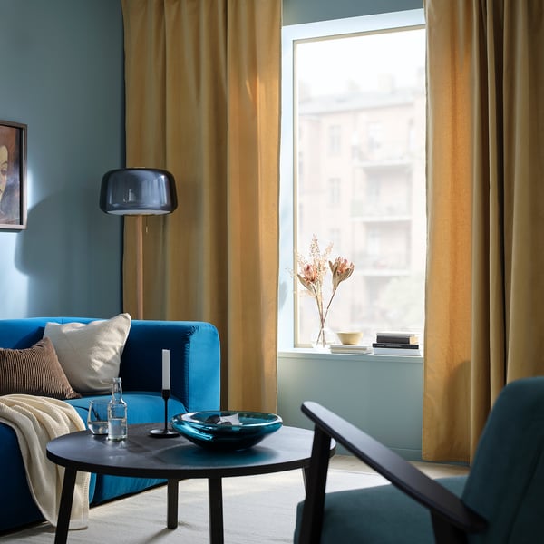 SANELA curtains, 1 pair, beige-yellow/with heading tape, 140x300 cm