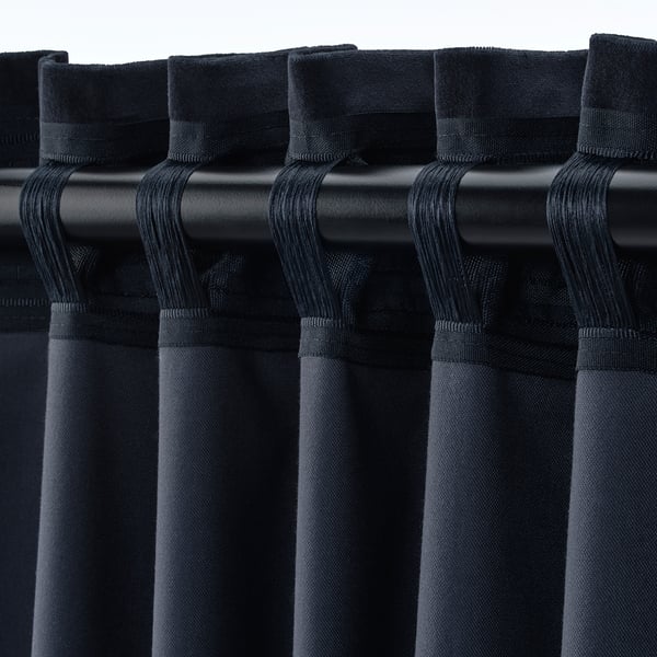 SANELA curtains, 1 pair, dark blue/with heading tape, 140x300 cm