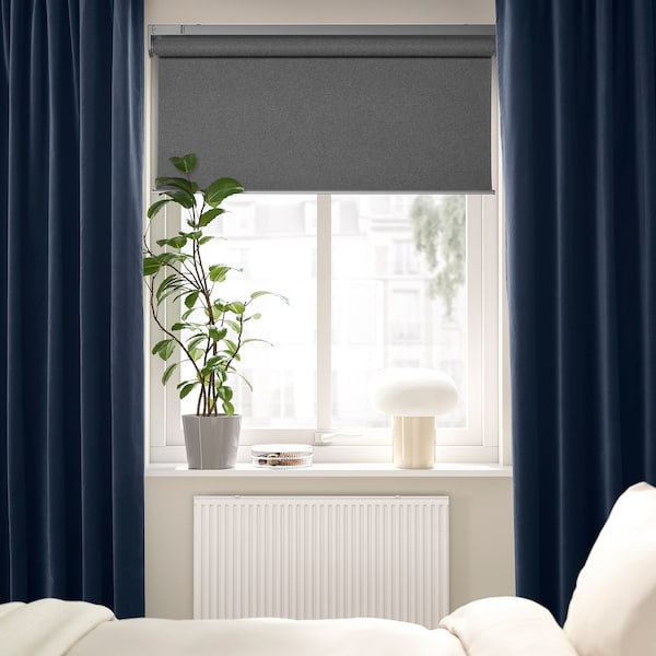 SANELA curtains, 1 pair, dark blue/with heading tape, 140x300 cm