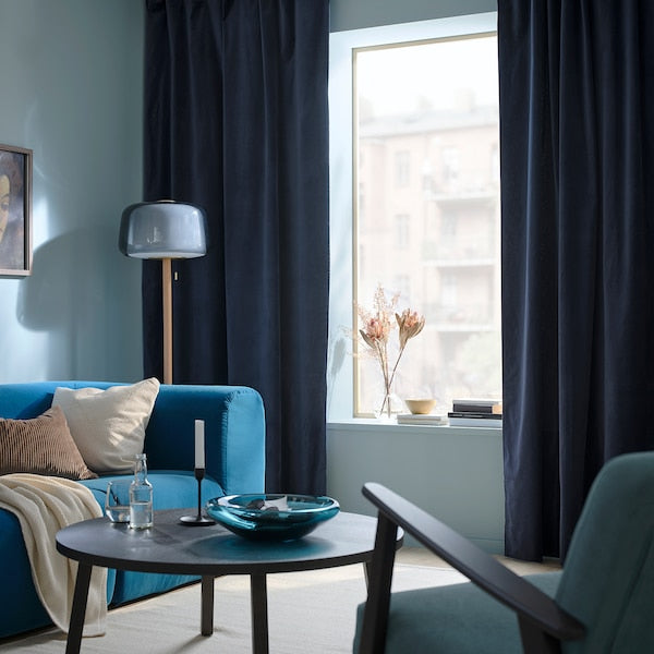 SANELA curtains, 1 pair, dark blue/with heading tape, 140x300 cm