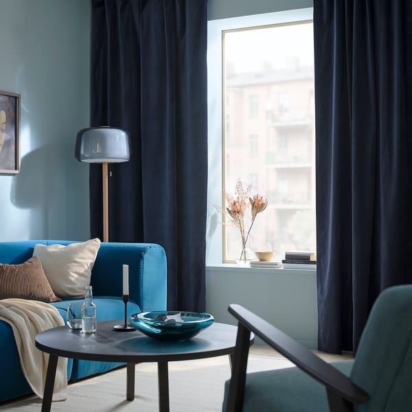 SANELA curtains, 1 pair, dark blue/with heading tape, 140x300 cm