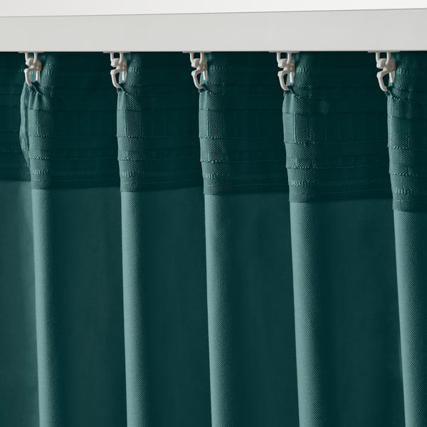 SANELA curtains, 1 pair, dark grey-turquoise/with heading tape, 140x300 cm