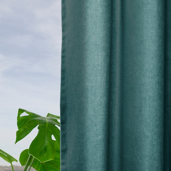 SANELA curtains, 1 pair, dark grey-turquoise/with heading tape, 140x300 cm