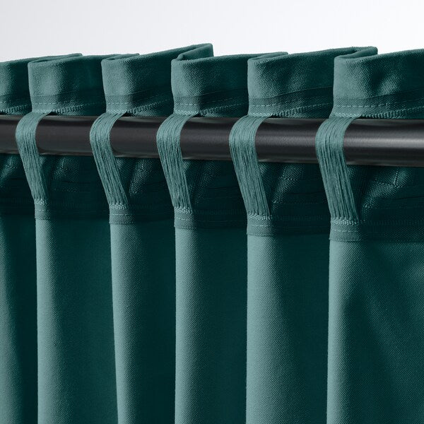 SANELA curtains, 1 pair, dark grey-turquoise/with heading tape, 140x300 cm