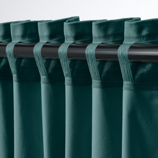 SANELA curtains, 1 pair, dark grey-turquoise/with heading tape, 140x300 cm
