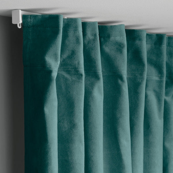 SANELA curtains, 1 pair, dark grey-turquoise/with heading tape, 140x300 cm