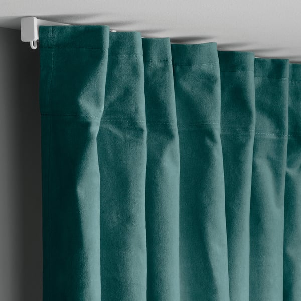 SANELA curtains, 1 pair, dark grey-turquoise/with heading tape, 140x300 cm
