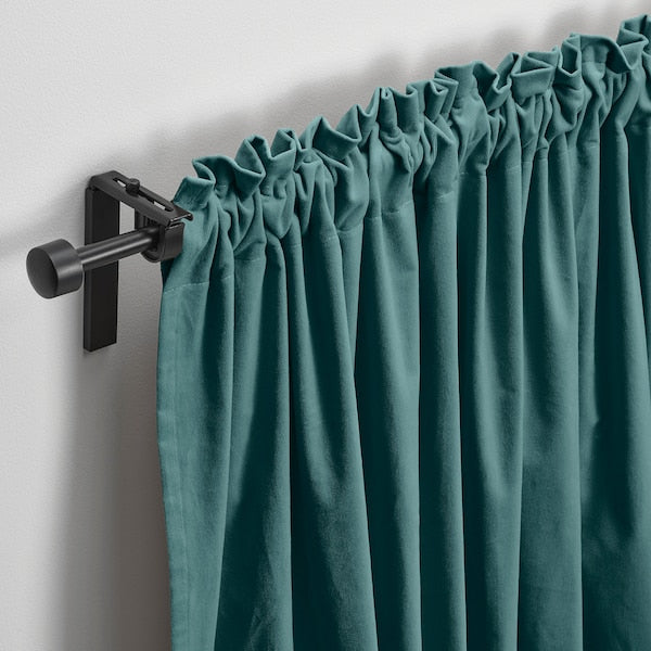 SANELA curtains, 1 pair, dark grey-turquoise/with heading tape, 140x300 cm
