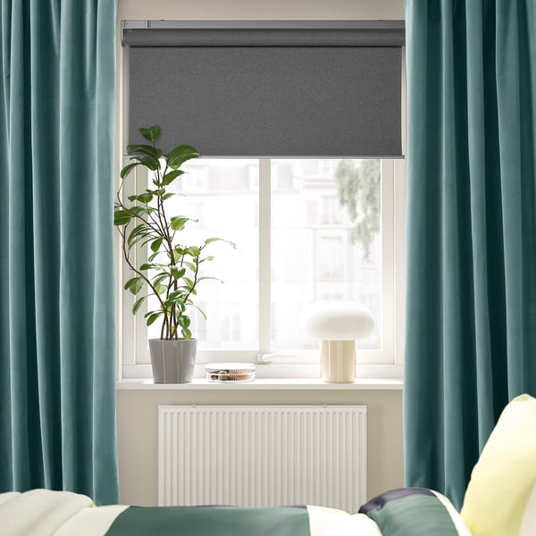 SANELA curtains, 1 pair, dark grey-turquoise/with heading tape, 140x300 cm