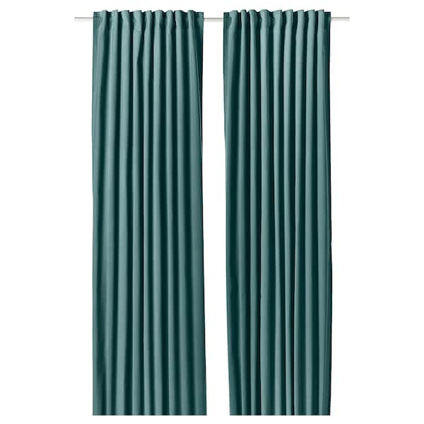 SANELA curtains, 1 pair, dark grey-turquoise/with heading tape, 140x300 cm