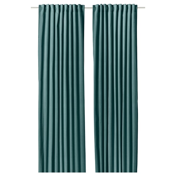 SANELA curtains, 1 pair, dark grey-turquoise/with heading tape, 140x300 cm