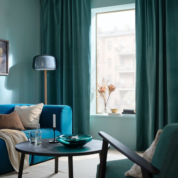 SANELA curtains, 1 pair, dark grey-turquoise/with heading tape, 140x300 cm