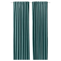 SANELA curtains, 1 pair, dark grey-turquoise/with heading tape, 140x300 cm