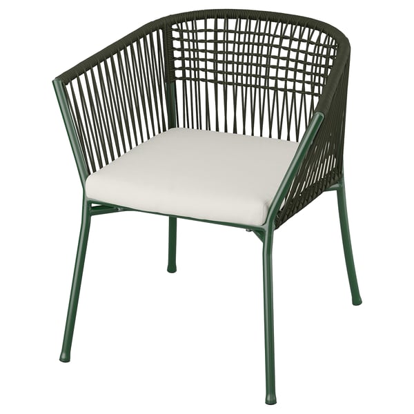 SEGERÖN chair with armrests, outdoor, dark green/Frösön/Duvholmen beige, 67x73x63 cm