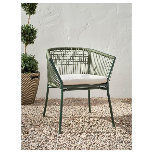 SEGERÖN chair with armrests, outdoor, dark green/Frösön/Duvholmen beige, 67x73x63 cm
