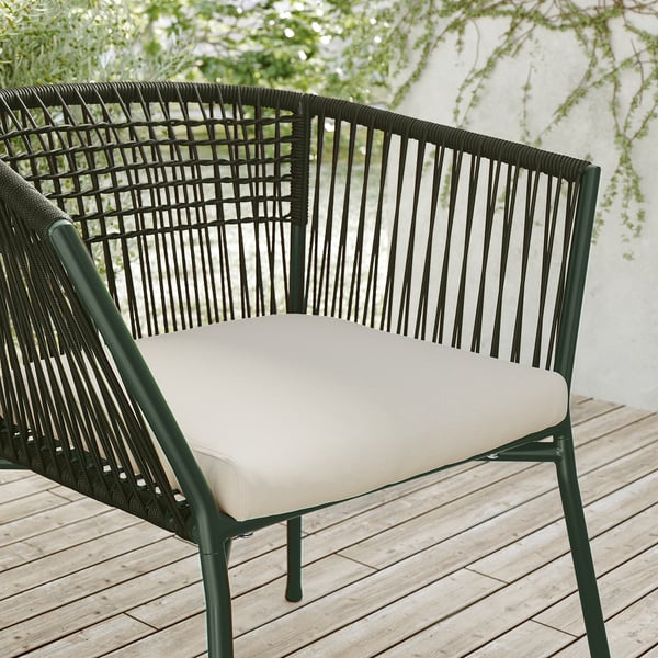 SEGERÖN chair with armrests, outdoor, dark green/Frösön/Duvholmen beige, 67x73x63 cm
