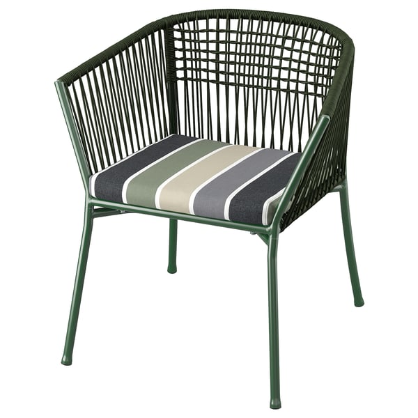 SEGERÖN chair with armrests, outdoor, dark green/Frösön/Duvholmen stripe pattern, 48x73x63 cm