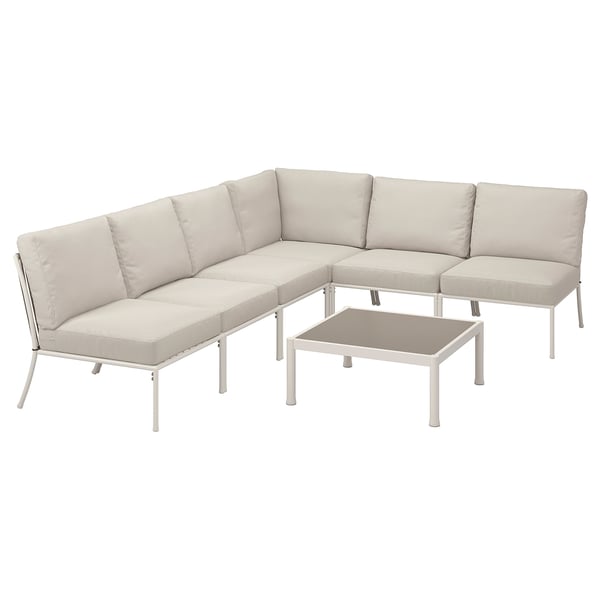 SEGERÖN 5-seat conversation set, outdoor, white/beige/Frösön/Duvholmen beige, 262x76x200 cm