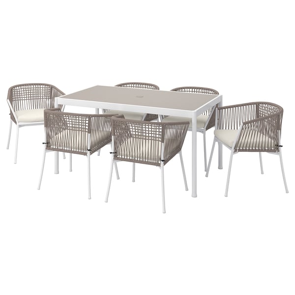 SEGERÖN table+6 chairs w armrests, outdoor, white/beige/Frösön/Duvholmen beige, 147 cm