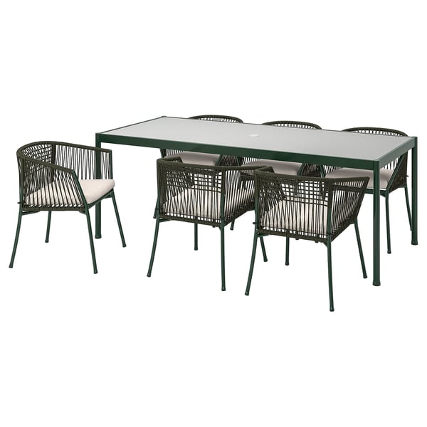 SEGERÖN - Table+6 chairs armrests, garden, dark green/Frösön/Duvholmen beige, 212 cm