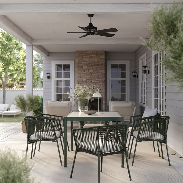 SEGERÖN table+6 chairs w armrests, outdoor, dark green/Frösön/Duvholmen beige, 147 cm