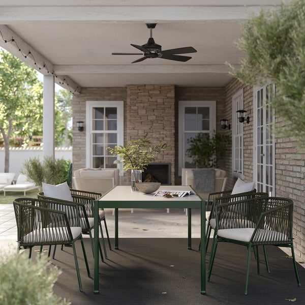 SEGERÖN - Table+6 chairs armrests, garden, dark green/Frösön/Duvholmen beige, 212 cm