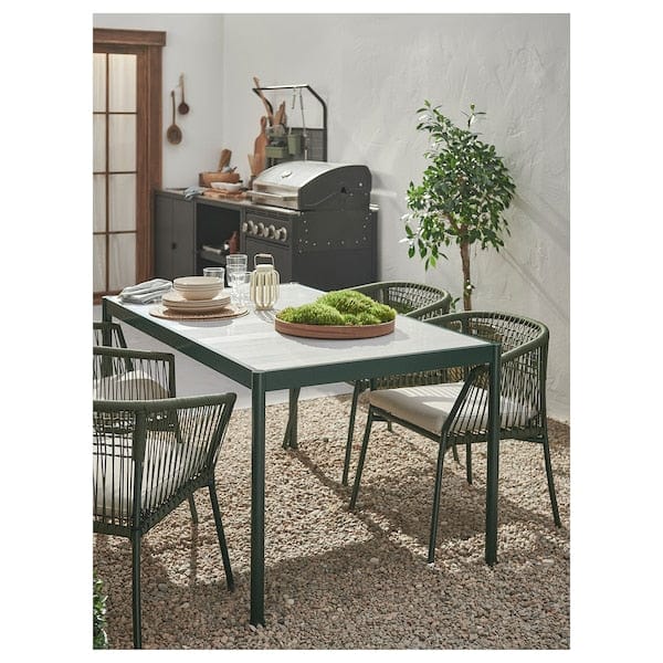 Ikea SEGERÖN - Table and 4 chairs with armrests, outdoor dark green/Frösön/Duvholmen beige, 147 cm