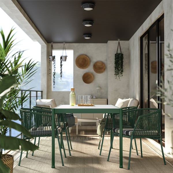 SEGERÖN - Table and 4 chairs with armrests, outdoor dark green/Frösön/Duvholmen striped pattern,147 cm