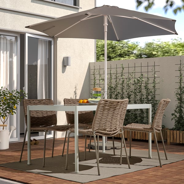 SEGERÖN / TEGELÖN table and 4 chairs, outdoor white/beige/beige, 147x91 cm