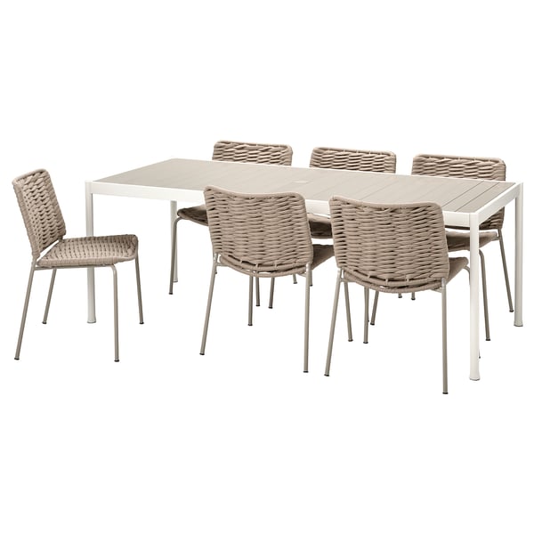 SEGERÖN / TEGELÖN table and 6 chairs, outdoor white/beige/beige, 212x91 cm