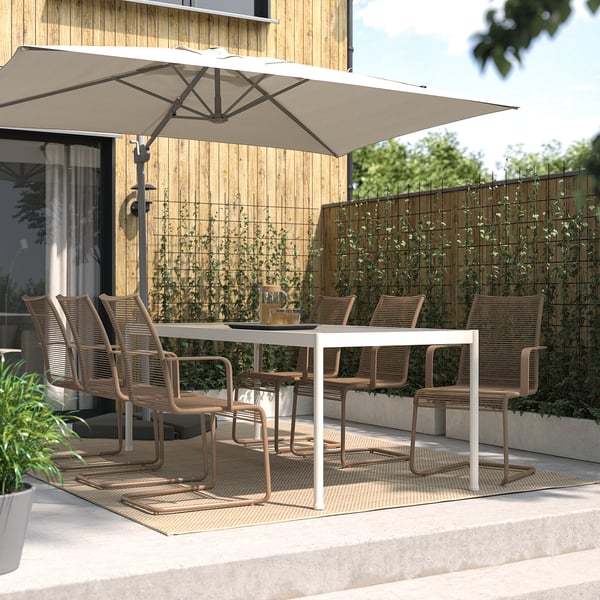 SEGERÖN / VÄSMAN table+6 chairs w armrests, outdoor, white/beige/brown, 212 cm
