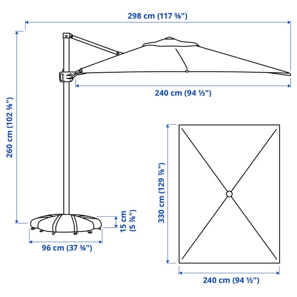 SEGLARÖ / IGGÖN parasol, hanging with base, anthracite/dark grey, 330x240 cm