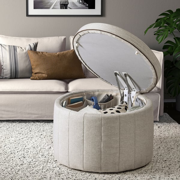 SIDSJÖ pouffe, with storage/Kilanda beige, 70 cm