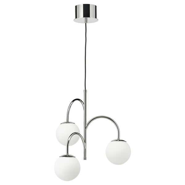 SIMRISHAMN pendant lamp, 3-armed, chrome-plated/opal white glass, 55 cm