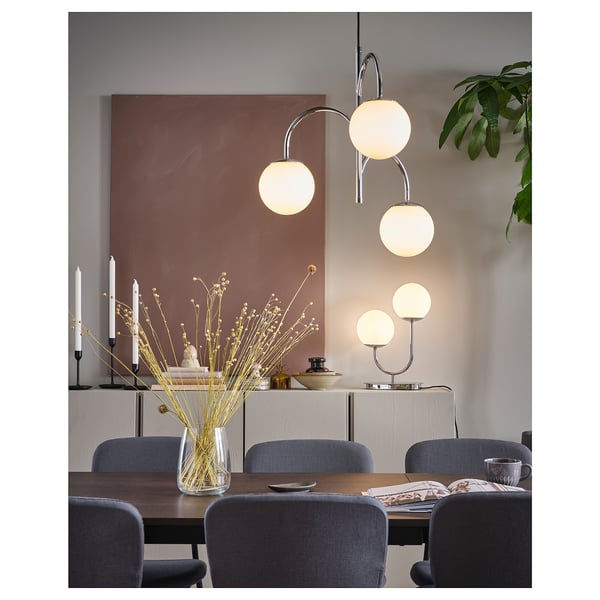 SIMRISHAMN pendant lamp, 3-armed, chrome-plated/opal white glass, 55 cm