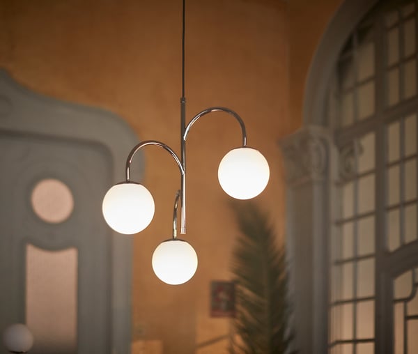 SIMRISHAMN pendant lamp, 3-armed, chrome-plated/opal white glass, 55 cm