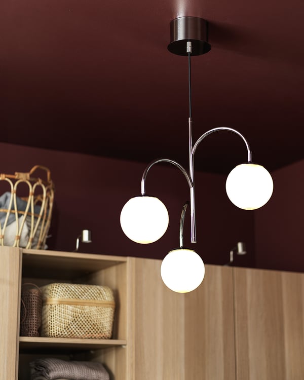 SIMRISHAMN pendant lamp, 3-armed, chrome-plated/opal white glass, 55 cm