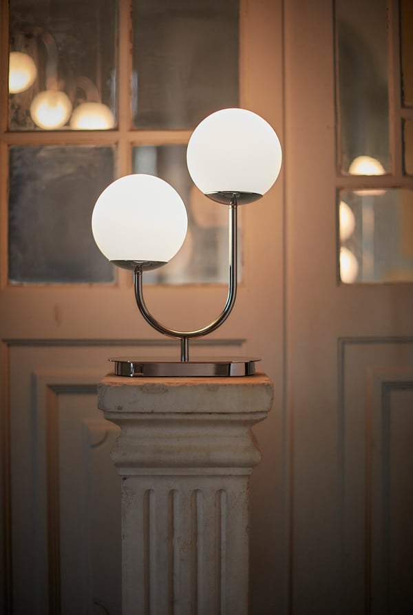 SIMRISHAMN table lamp, chrome-plated/opal white glass, 42 cm