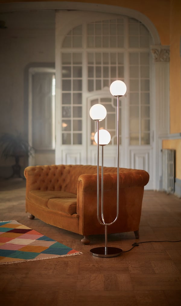 SIMRISHAMN floor lamp, chrome-plated/opal white glass, 30 cm