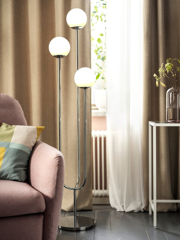 SIMRISHAMN floor lamp, chrome-plated/opal white glass, 30 cm