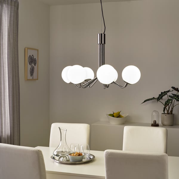 SIMRISHAMN chandelier, 7-armed, chrome-plated/opal white glass, 70 cm
