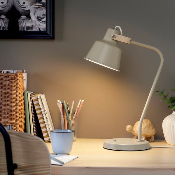SJÖMAKT desk lamp, beige/ash, 32 cm