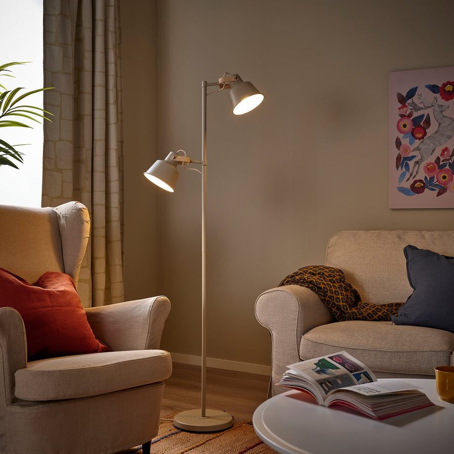SJÖMAKT floor lamp with 2-spot, beige/ash, 15 cm