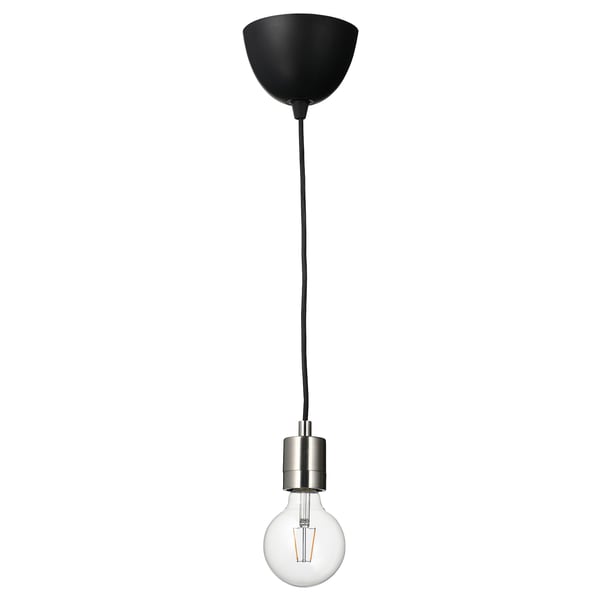 SKAFTET / LUNNOM - Pendant lamp with light bulb, nickel-plated/globe clear