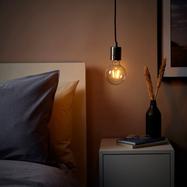 SKAFTET / LUNNOM - Pendant lamp with light bulb, nickel-plated/globe clear