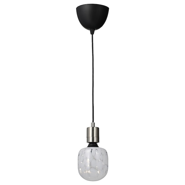 SKAFTET / MOLNART - Pendant lamp with bulb, nickel-plated/tubular glass white/transparent