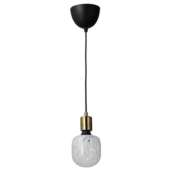 SKAFTET / MOLNART - Pendant lamp with bulb, brass-plated/tubular glass white/transparent