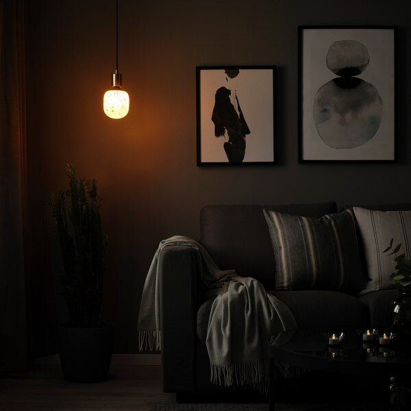 SKAFTET / MOLNART - Pendant lamp with bulb, brass-plated/tubular glass white/transparent