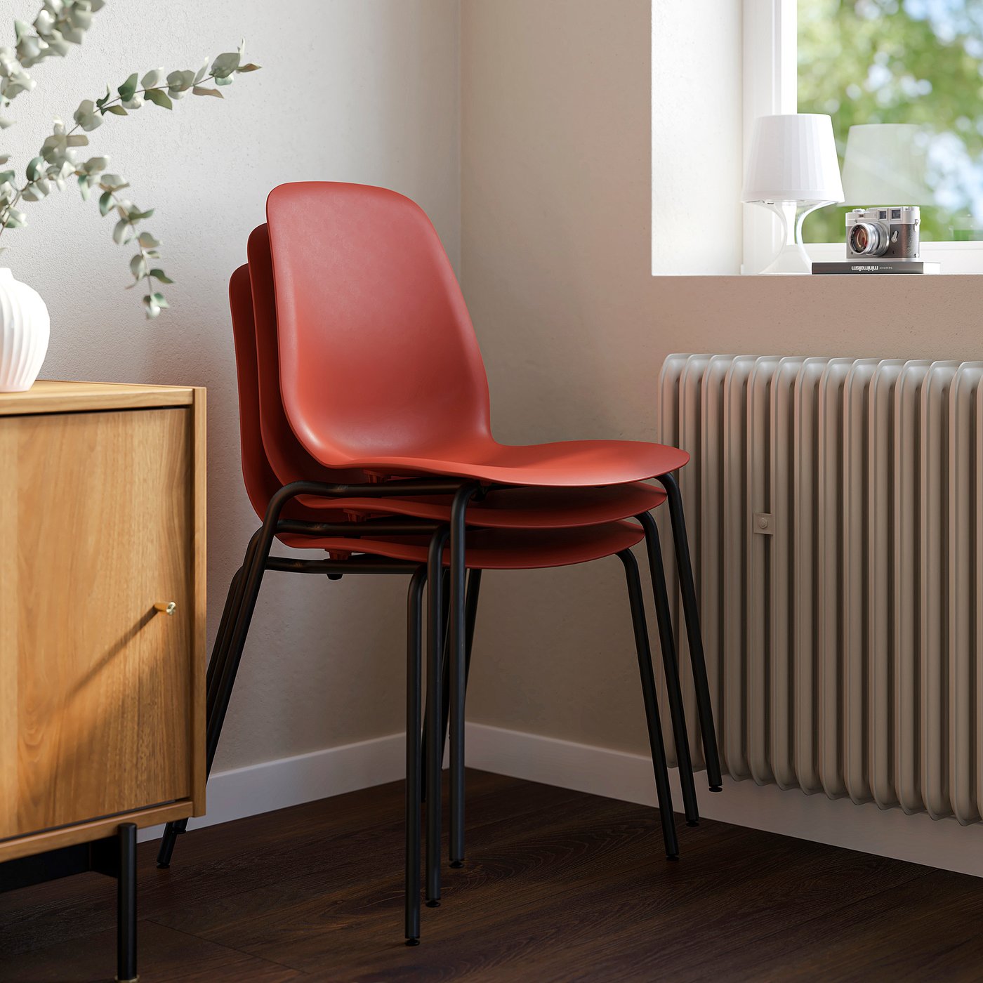 SKÅLSTA chair, plastic red/tubular metal/black-grey, 52x81x50 cm